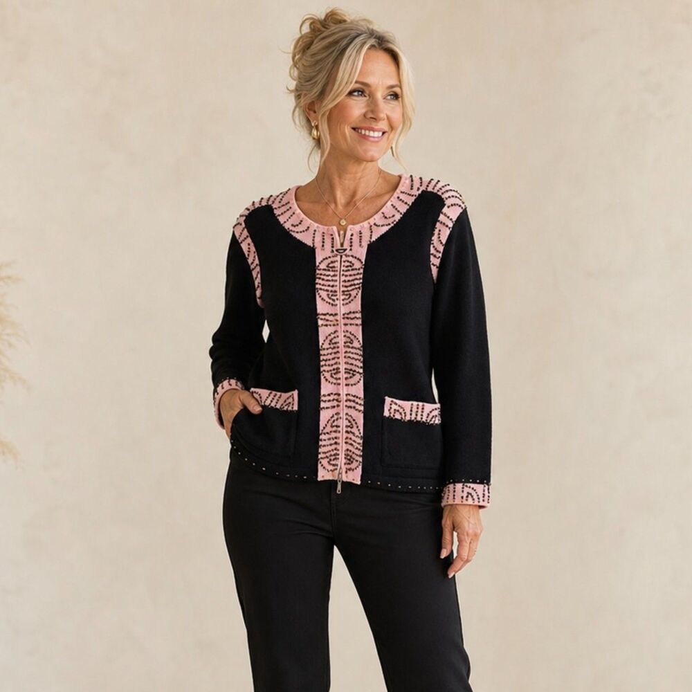 Storybook Knits Beaded Cardigan Sweater Black Pink Trim Zip Front Retro Sz L NWT